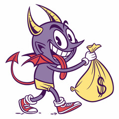 Happy Devil Cartoon Character Running with Money Bag