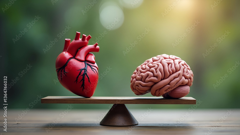 Poster balance scale weighing heart and brain symbolizing the equilibrium between emotion and logic. concep