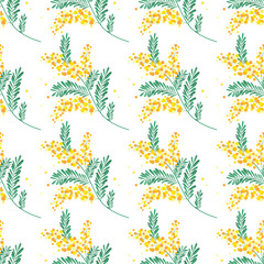 Seamless Pattern of Yellow Mimosa Flowers With Green Leaves on White