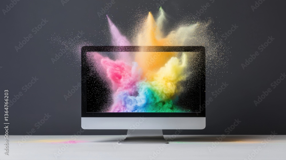 Fototapete vibrant color explosion from monitor representing creativity and digital design on a sleek computer 
