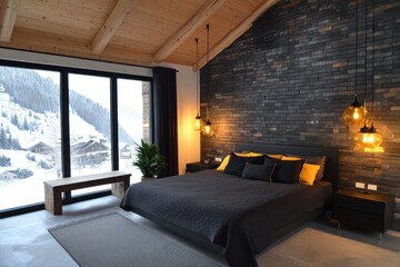 A cozy modern bedroom with snowy mountain views and brick wall