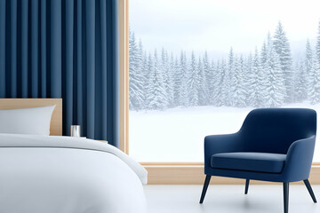 Bedroom scene with snowy forest view