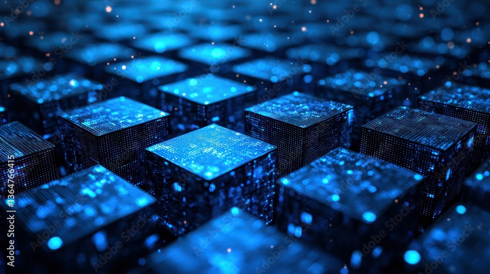 Poster abstract digital cubes: a deep dive into the blue matrix of data