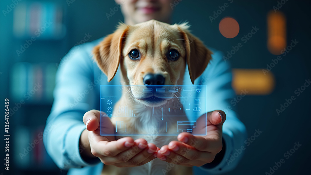 Poster pet owner with digital training tools and tech overlay symbolizing advanced pet training in double e