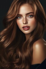 Fototapeta premium Ethereal Beauty Portrait: A captivating studio portrait of a woman with a cascade of flowing brown hair, radiant skin, and captivating eyes, exuding an aura of timeless beauty.