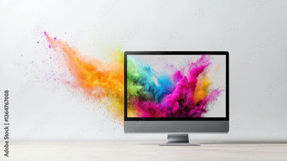 Fototapete vibrant colorful explosion from computer screen on white background symbolizing creativity and digit