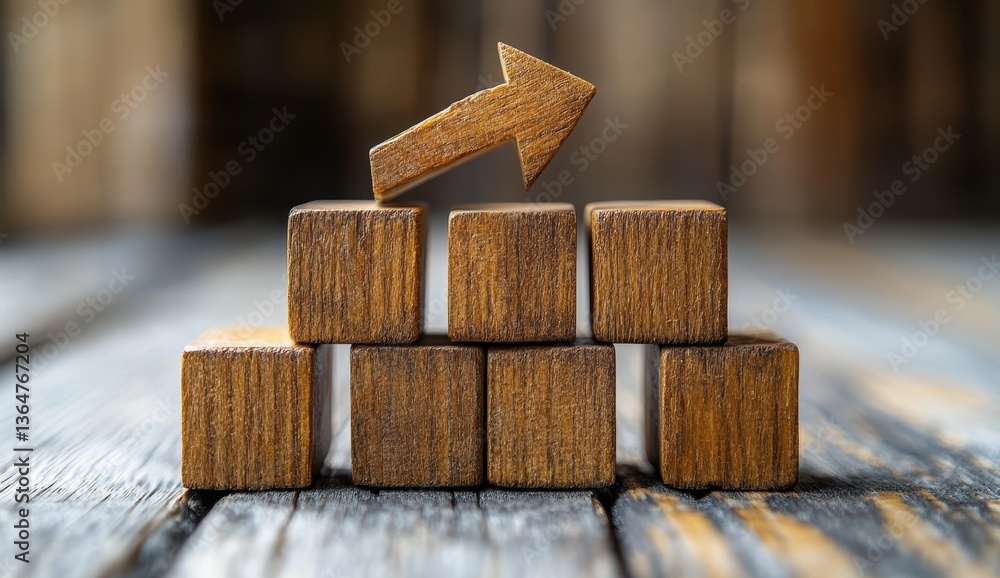 Aufkleber stack of wooden blocks with upward arrow on rustic table top pointing towards future business opport