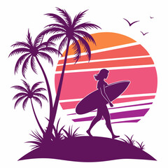 Silhouette Surfer Girl Walking on Beach at Sunset with Palm Trees