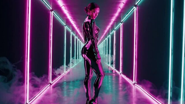 Confident woman in glossy latex suit posing in neon-lit sci-fi hallway with pink and blue lights and smoke, futuristic cyberpunk fashion and powerful aesthetic in glowing tunnel