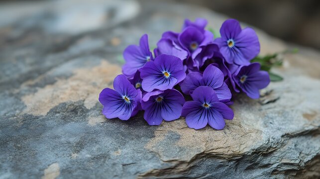 A close-up of freshly picked purple wildflowers resting on a weathered stone
