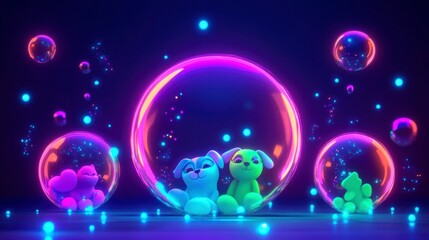 Fototapeta premium Colorful Dogs in Neon Bubbles