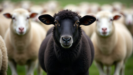 Fototapeta premium Flat Black Sheep Standing Out: A Unique Vector Illustration of a Distinctive Black Sheep Among White Sheep in a Pasture - Perfect for Business Concepts