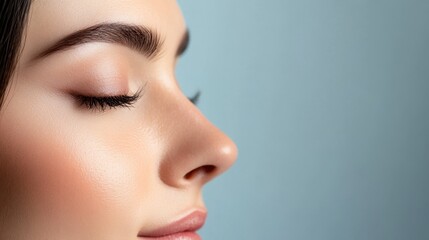 Fototapeta premium Profile of a Woman's Face: Close-up profile view of a young woman's face, showcasing her calm expression and clear skin. Her eyebrows, nose, and lips are beautifully defined.