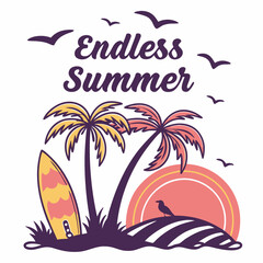 Naklejka premium Endless Summer: Surfboard, Palm Trees, Sunset Beach Illustration