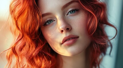 Fototapeta premium Crimson Radiance: A captivating portrait of a woman with vibrant red hair, her face bathed in soft light, exudes confidence and elegance.