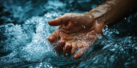 Fototapeta premium human hands splashing water in natural outdoor setting, detailed closeup with droplets and sunlight, symbol of purity, connection, and freshness in motion