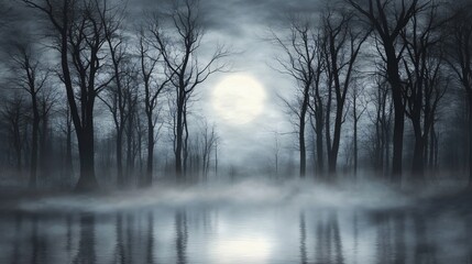 Ethereal Moonlight Over Still Waters in a Mysterious Woodland Scene