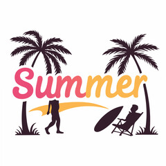 Summer Vacation: Surfer and Beach Relaxing Scene Palm Trees Silhouette Design