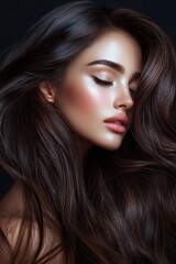 Fototapeta premium Serene Beauty's Gaze: An alluring portrait of a woman with cascading long, flowing hair, her features exude tranquility and grace. The perfect image to convey a sense of serene beauty.