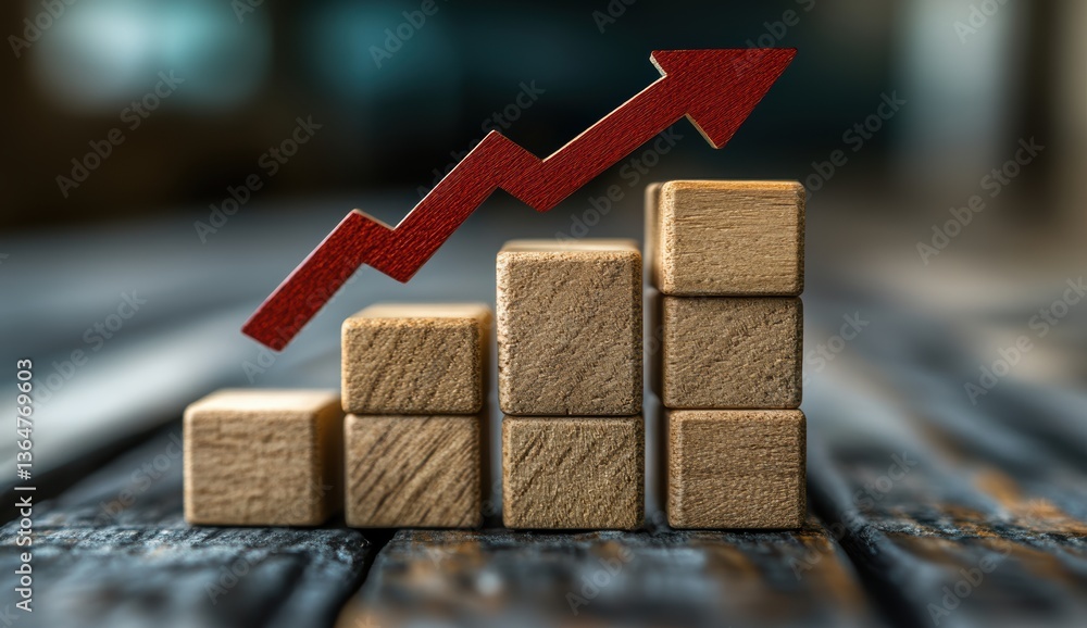 Aufkleber ascending wooden blocks forming graph with upward red arrow on wooden surface in soft focus backgrou