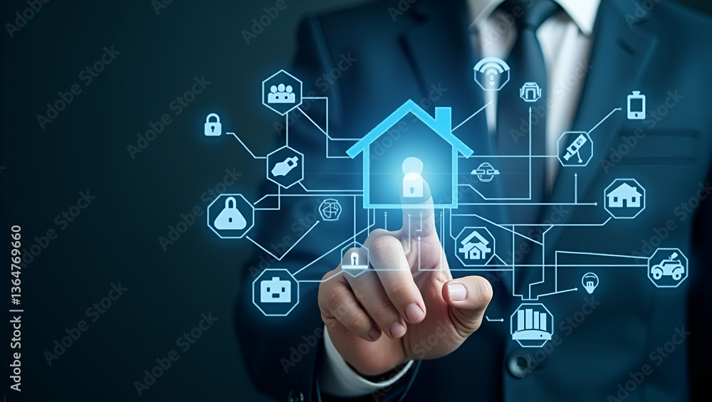 Poster person with smart security system and tech overlay for home security management - photo stock concep