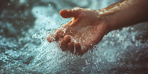 Fototapeta premium human hands splashing water in natural outdoor setting, detailed closeup with droplets and sunlight, symbol of purity, connection, and freshness in motion