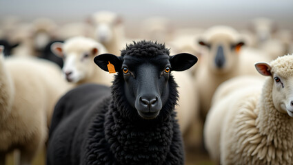 Flat Black Sheep Standing Out in a Flock of White Sheep - Cute Vector Illustration