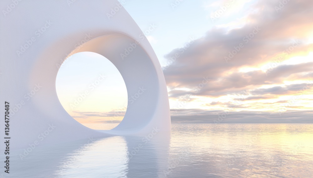 Aufkleber white elliptical futuristic building with open-air sky view, soft water reflection and abstract mini