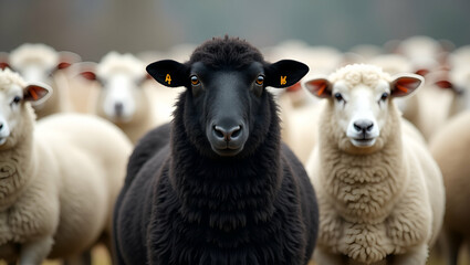 Flat Black sheep standing out in a flock of white sheep. concept as Black sheep standing out prominently among a flock of white sheep in a pasture. in  Simple flat cute vector illustration of  smart b