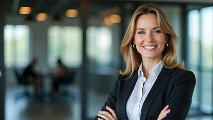 Cheerful senior female executive with arms crossed exuding wisdom and expertise setting corporate vision in modern office. concept as Smiling bank manager 50s portrays calm authority. Confident stance