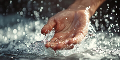 Fototapeta premium human hands splashing water in natural outdoor setting, detailed closeup with droplets and sunlight, symbol of purity, connection, and freshness in motion