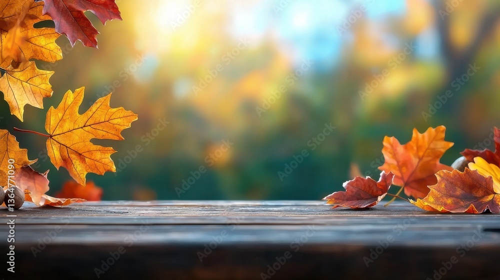 Poster vibrant autumn landscape with a captivating display of colorful maple and oak leaves scattered on a 