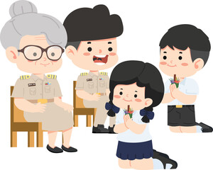 Boy and girl is paying respect with teacher student
