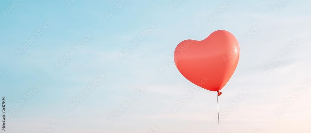 Poster single red heart-shaped balloon floating in the sky. the balloon is inflated and has a string attach