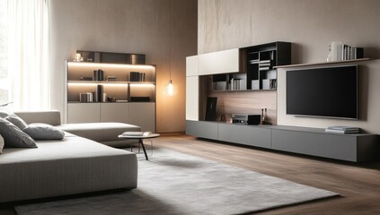 A modern living room space featuring contemporary furniture and design