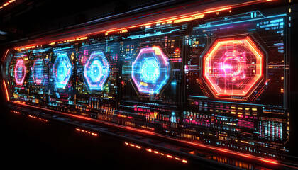 Fototapeta premium Futuristic screen with digital interface and brightly colored hexagons in advanced tech environment - Generated with AI