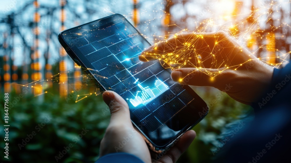 Aufkleber closeup of hands using a glowing high tech smartphone with digital interface and connectivity in a s
