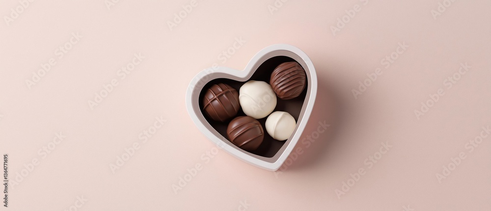 Poster 3d rendering of a heart-shaped box filled with chocolates. the box is white and has a smooth surface