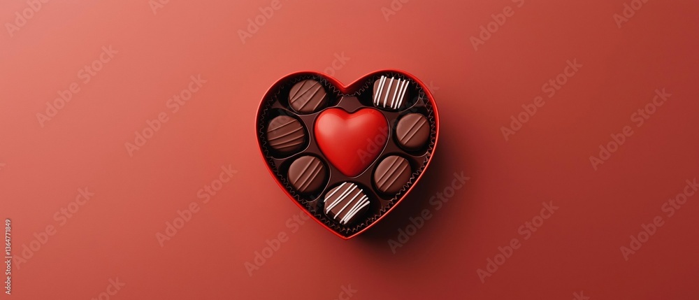 Poster digital illustration of a heart-shaped box of chocolates. the box is red in color and has a glossy f