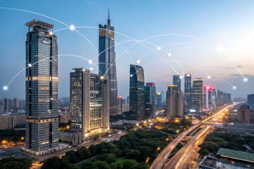 Obraz premium A dynamic city skyline at dusk, showcasing modern skyscrapers interconnected with digital lines symbolizing technology and communication.