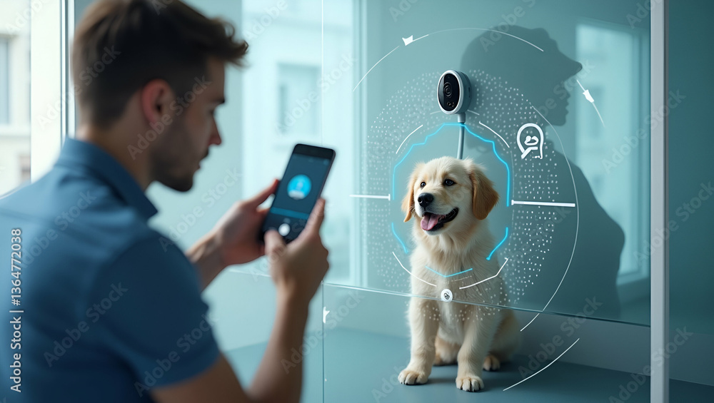 Poster 3d flat icon of person with smart pet camera and tech overlay for remote pet monitoring solutions