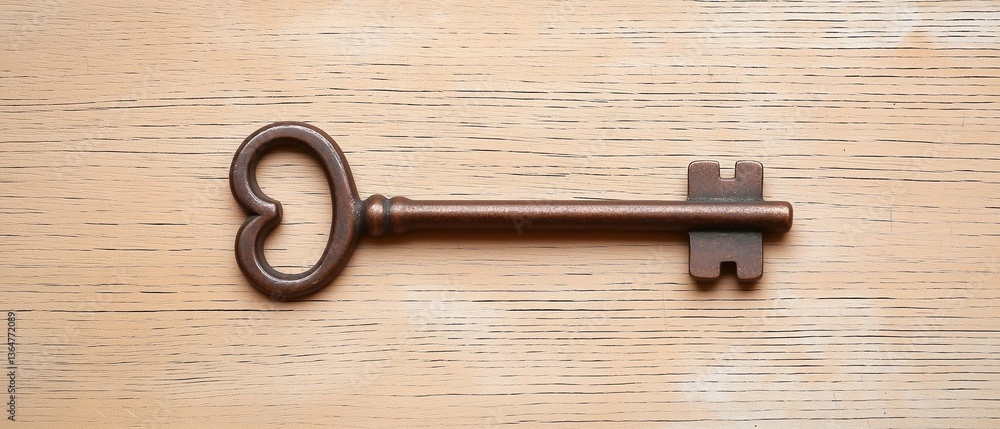 Aufkleber close-up of an old, rusty key on a wooden surface. the key is in the shape of a heart with a curved 