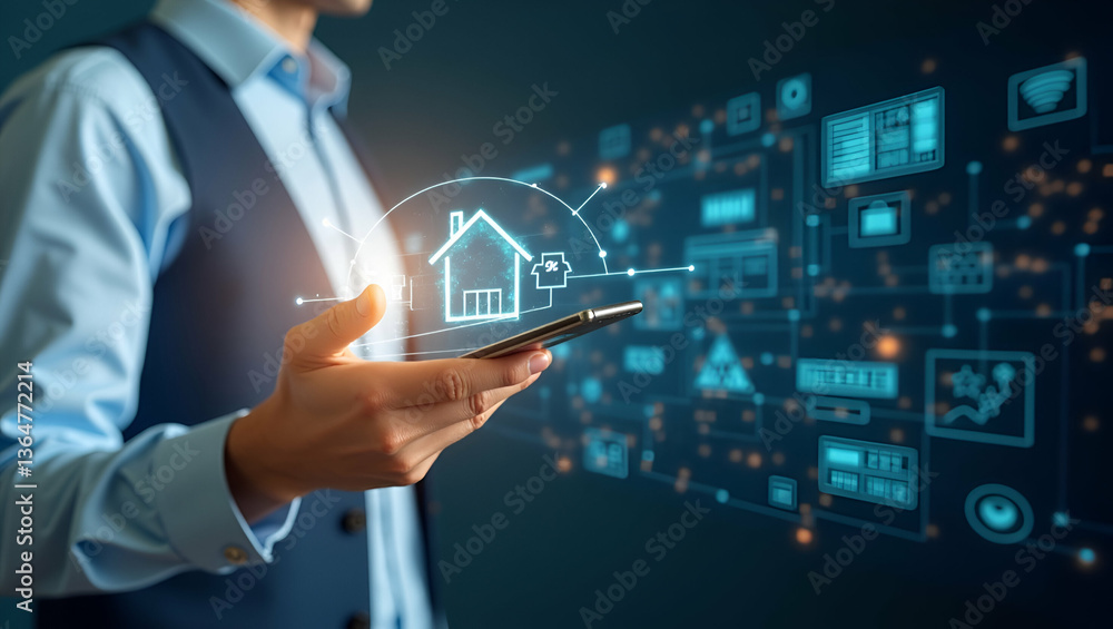 Poster innovative smart home automation: a double exposure of a person and tech symbols for app-controlled 