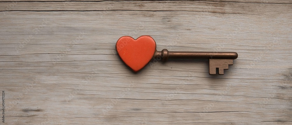 Poster close-up of a key with a red heart-shaped keychain attached to it. the key is made of metal and has 