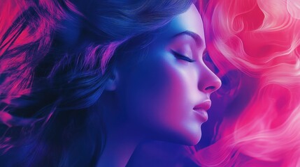 Naklejka premium Serene Reflection: A woman is bathed in light, embodying a sense of peace and introspection. Her closed eyes and gentle profile create a dreamlike atmosphere.