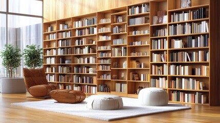 Modern Wooden Bookshelf in a Spacious Library