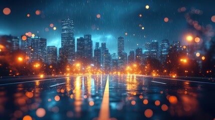 Fototapeta premium Rainy Night Cityscape: A Breathtaking View of a Modern Metropolis Under the Rain