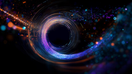 dynamic digital circle, swirling lines and glowing particles, data in motion. technology and creativity, binary code, computer, energy, abstract artwork, AI, futuristic science, space, black hole