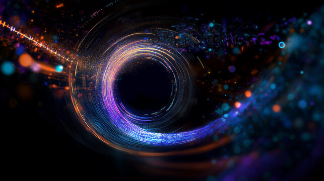 dynamic digital circle, swirling lines and glowing particles, data in motion. technology and creativity, binary code, computer, energy, abstract artwork, AI, futuristic science, space, black hole - Powered by Adobe