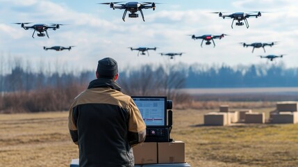A drone technician testing a swarm of delivery drones, outdoor testing area with flying drones and control panels, High-tech style